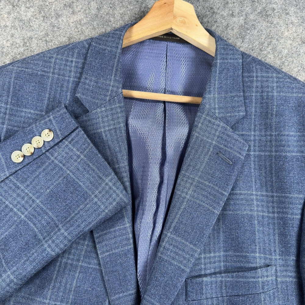 Tasso Elba Sport Coat Blazer Mens 44R Blue Plaid Silk Wool 2 Button Jacket